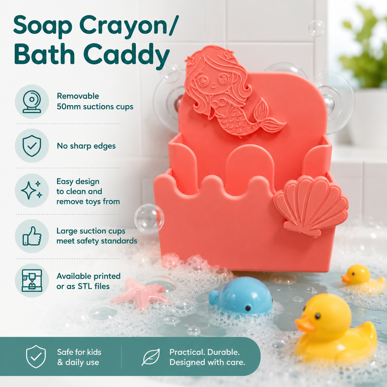 Soap Crayon/Bath Shower Caddy x5 Mermaid OR Dinosaur Design